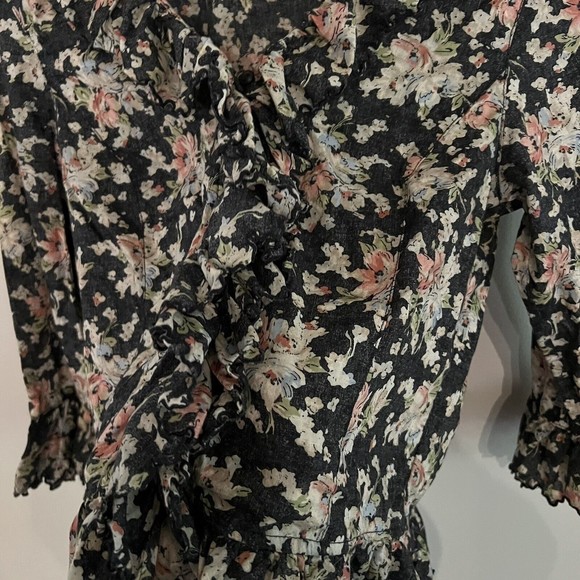 Lauren Ralph Lauren Floral Ruffle Button Up Blouse Size Medium Gray Pink - Picture 3 of 5